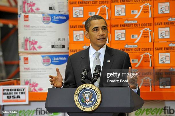 President Barack Obama speaks about the economic impact of energy saving home retrofits at a Home Depot store December 15, 2009 in Alexandria,...