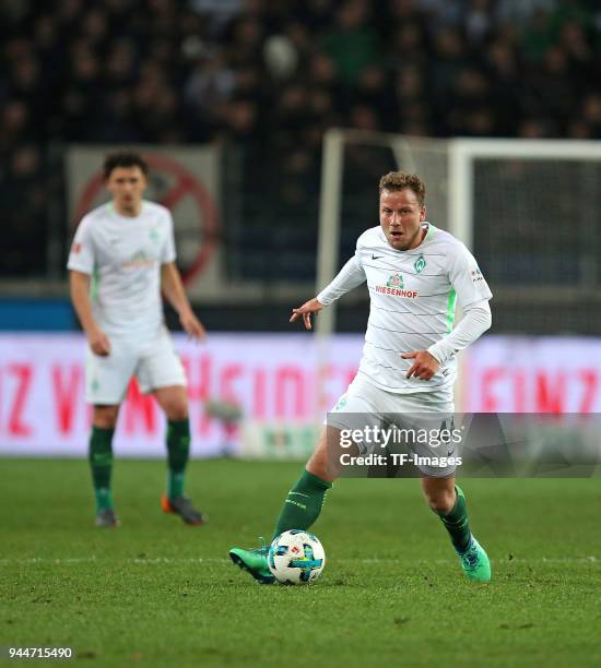 Philipp Bargfrede of Bremen controls the ball during the Bundesliga match between Hannover 96 and Werder Bremen at HDI Arena on April 06, 2018 in...