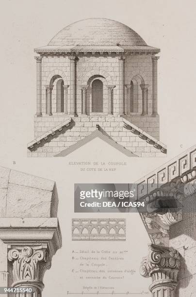 Dome, capitals, and architectural details of Notre-Dame des Doms Cathedral, Avignon, France, engraving by J De Garron from Architecture romane du...