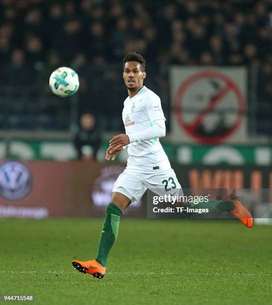 Theodor Gebre Selassie of Bremen controls the ball during the Bundesliga match between Hannover 96 and Werder Bremen at HDI Arena on April 06, 2018...