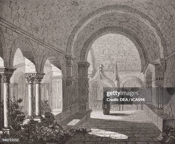 Cloister of Saint-Pierre de Montmajour Abbey, Arles, France, engraving from Architecture romane du midi de la France, Tome 1, by Henri Revoil,...