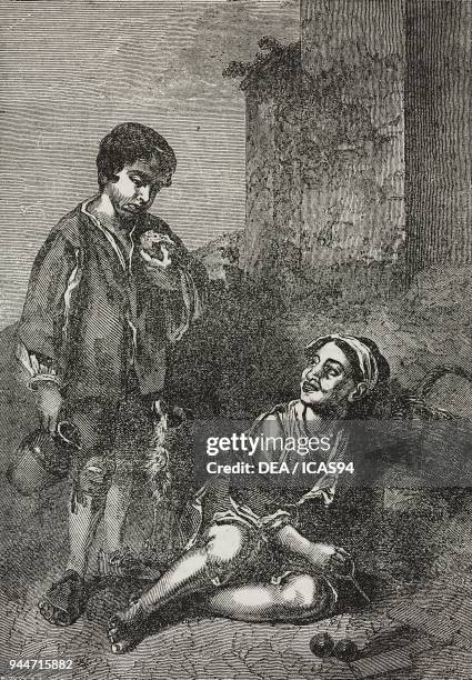 Two boys in the street, after a painting by Bartolome Esteban Murillo, illustration from Teatro universale, raccolta enciclopedica e scenografica, No...