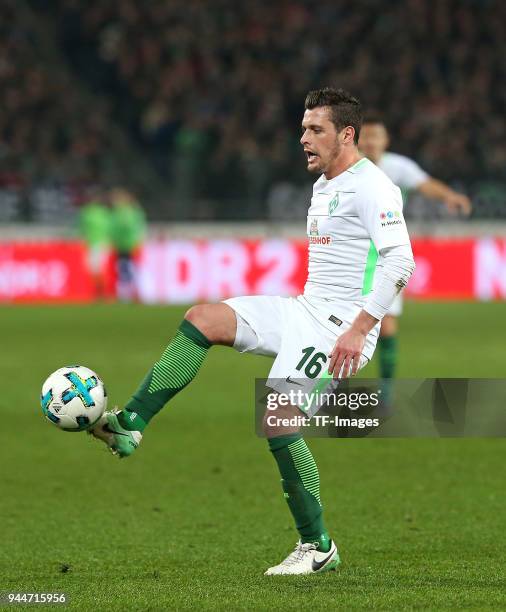 Zlatko Junuzovic of Bremen controls the ball during the Bundesliga match between Hannover 96 and Werder Bremen at HDI Arena on April 06, 2018 in...