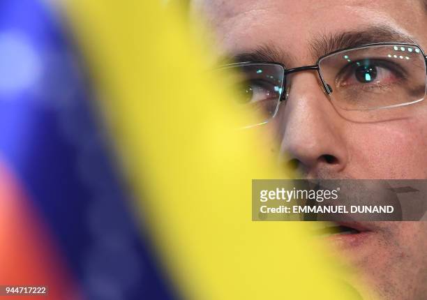 Venezuela's Foreign Minister Jorge Arreaza holds a press conference as part of his visit to Brussels on April 11, 2018. / AFP PHOTO / Emmanuel DUNAND