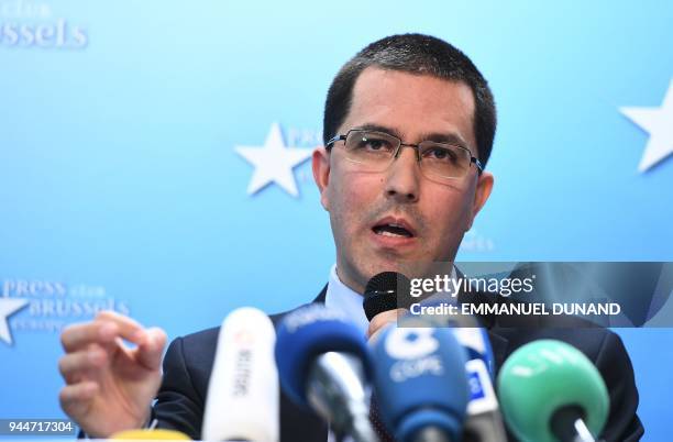 Venezuela's Foreign Minister Jorge Arreaza holds a press conference as part of his visit to Brussels on April 11, 2018. / AFP PHOTO / Emmanuel DUNAND