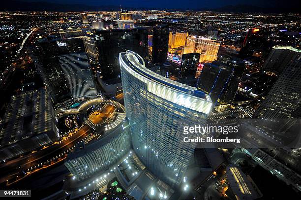 The Vdara Hotel and Spa, left, and ARIA Resort and Casino stand at the MGM Mirage CityCenter complex in Las Vegas, Nevada, U.S., on Monday, Dec. 14,...