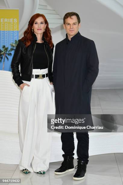 Audrey Fleurot and Micheal C. Hall attend 'Safe' Photocall during the 1st Cannes International Series Festival on April 11, 2018 in Cannes, France.