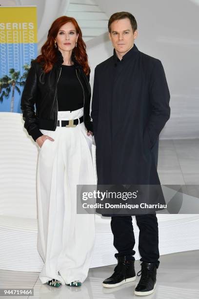 Audrey Fleurot and Micheal C. Hall attend 'Safe' Photocall during the 1st Cannes International Series Festival on April 11, 2018 in Cannes, France.