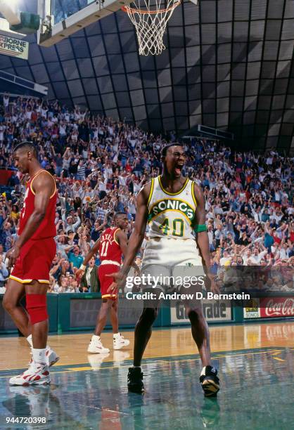 Shawn Kemp of the Seattle SuperSonics reacts against the Houston Rockets during game 5 of the Western Conference Semi Finals on May 18, 1993 at...