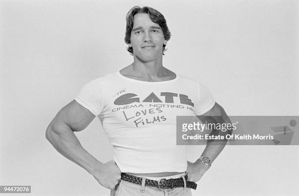 Austrian-born American actor Arnold Schwarzenegger in London to publicise the Gate Cinema in Notting Hill, 1977.