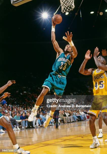 Alonzo Mourning of the Charlotte Hornets shoots the ball during the game against the Los Angeles Lakers on January 14, 1994 at the Great Western...