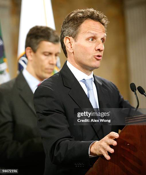 Secretary of the Treasury Timothy Geithner speaks as Secretary of Education Arne Duncan listens during an event to announce a partnership to promote...