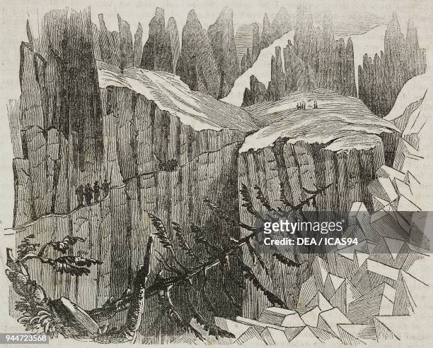 At the foot of the Aiguille du Midi, ascent of Mont Blanc, France, illustration from Teatro universale, Raccolta enciclopedica e scenografica, No...