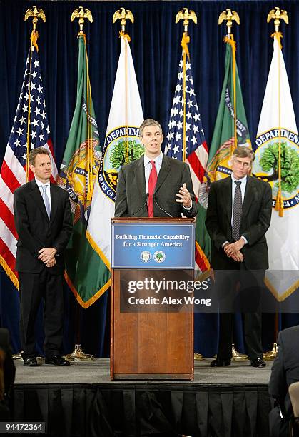 Secretary of Education Arne Duncan speaks as Secretary of the Treasury Timothy Geithner and Financial Industry Regulatory Authority CEO Richard...