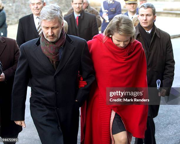 Prince Philippe and Princess Mathilde of Belgium arrive at the Abbaye of Cistercienzans on December 15, 2009 in Mont-Saint-Guibert, Belgium.