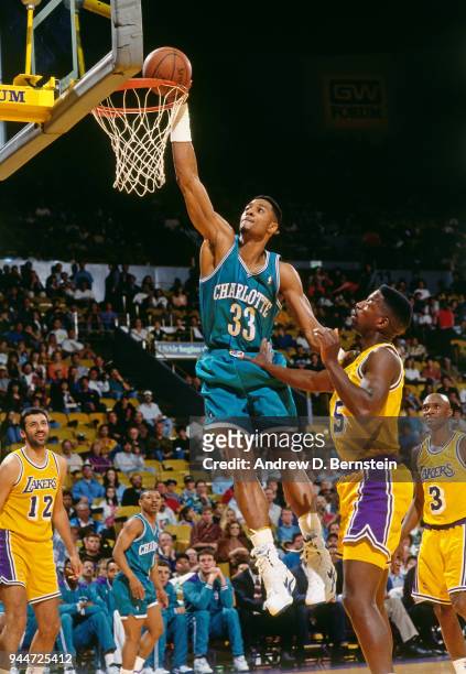 Alonzo Mourning of the Charlotte Hornets dunks the ball during the game against the Los Angeles Lakers on January 14, 1994 at the Great Western Forum...