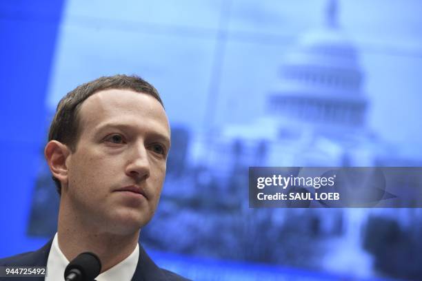 Facebook CEO and founder Mark Zuckerberg testifies during a US House Committee on Energy and Commerce hearing about Facebook on Capitol Hill in...