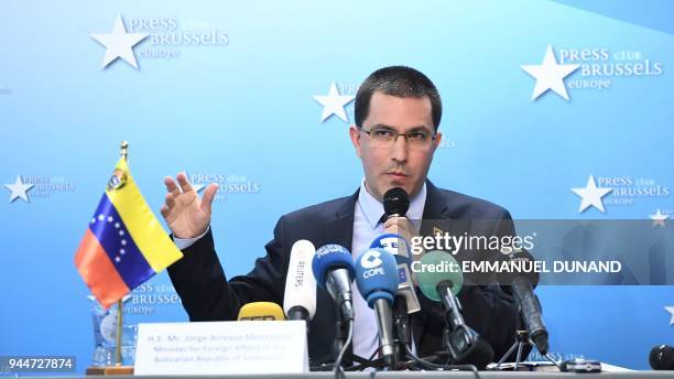 Venezuela's Foreign Minister Jorge Arreaza holds a press conference as part of his visit to Brussels on April 11, 2018. / AFP PHOTO / EMMANUEL DUNAND