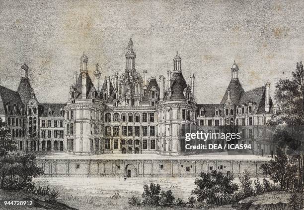 Chambord Castle, France, lithograph by Salvatore Puglia from Poliorama Pittoresco, n 39, May 6, 1843.