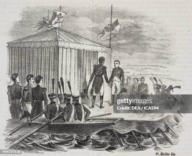 Meeting ot Tilsit between Napoleon I of France and Tsar Alexander I of Russia on a raft in the middle of the Neman River, lithograph by Filippo...