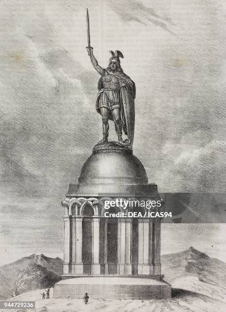 Monument to Arminius , chieftain of the Germanic Cherusci tribe on the top of Grotenburg mountain, Germany, lithograph by Gaetano Riccio from...
