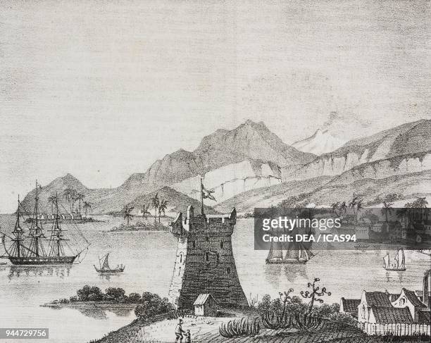 View of the bay of Pointe-a-Pitre before the earthquake on February 8 Guadeloupe, lithograph from Poliorama Pittoresco, n 2, August 19, 1843.