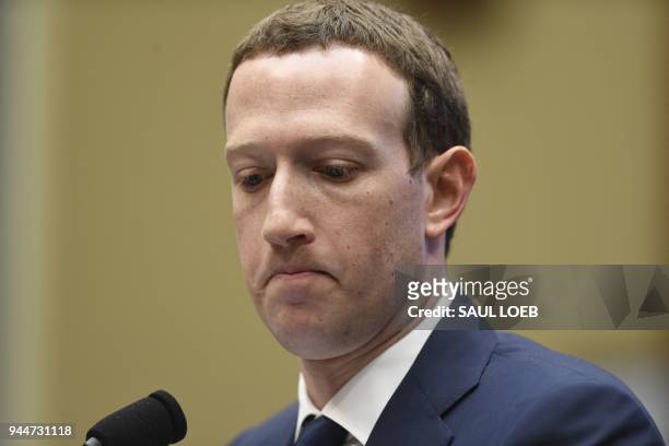 Facebook CEO and founder Mark Zuckerberg testifies during a US House Committee on Energy and Commerce hearing about Facebook on Capitol Hill in...