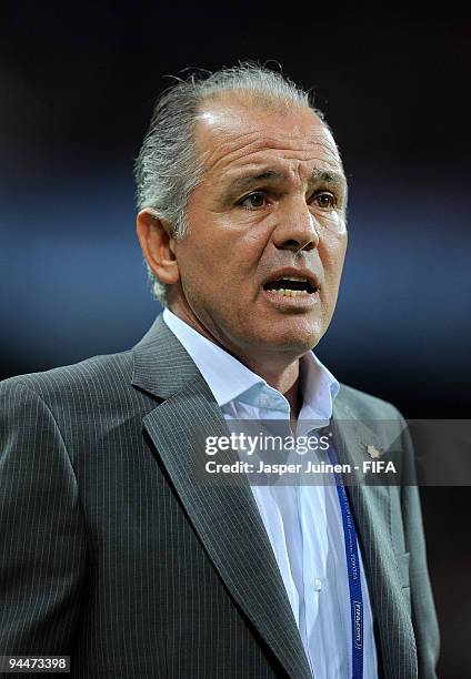 Head coach Alejandro Sabella of Estudiantes looks on during the FIFA Club World Cup semi-final match between Pohang Steelers and Estudiantes at the...