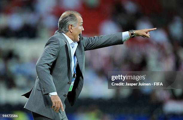 Coach Alejandro Sabella of Estudiantes gestures during the FIFA Club World Cup semi-final match between Pohang Steelers and Estudiantes at the...