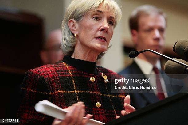 Secretary of Health and Human Services Kathleen Sebelius speaks at a press conference at a New York office of the Department of Justice to announce...