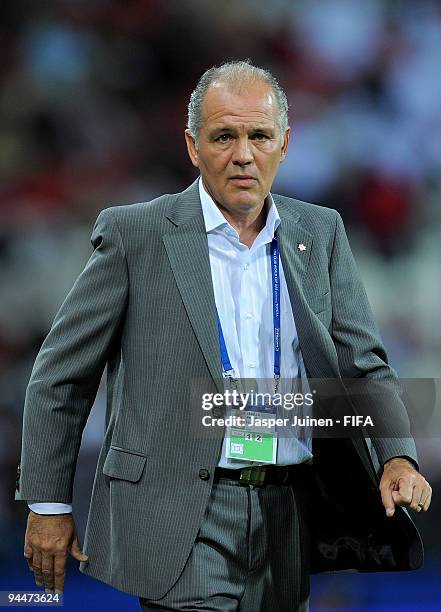 Head coach Alejandro Sabella of Estudiantes looks on during the FIFA Club World Cup semi-final match between Pohang Steelers and Estudiantes at the...