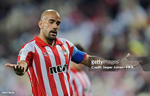 Juan Veron of Estudiantes reacts during the FIFA Club World Cup semi-final match between Pohang Steelers and Estudiantes at the Mohammed Bin Zayed...