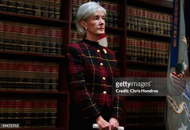 Secretary of Health and Human Services Kathleen Sebelius appears at a press conference at a New York office of the Department of Justice to announce...