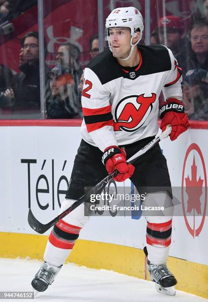 Ben Lovejoy of the New Jersey Devils skates against the Montreal Canadiens in the NHL game at the Bell Centre on April 1, 2018 in Montreal, Quebec,...