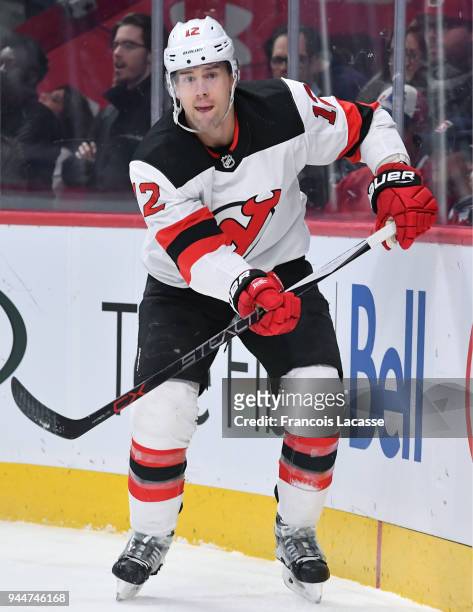 Ben Lovejoy of the New Jersey Devils skates against the Montreal Canadiens in the NHL game at the Bell Centre on April 1, 2018 in Montreal, Quebec,...