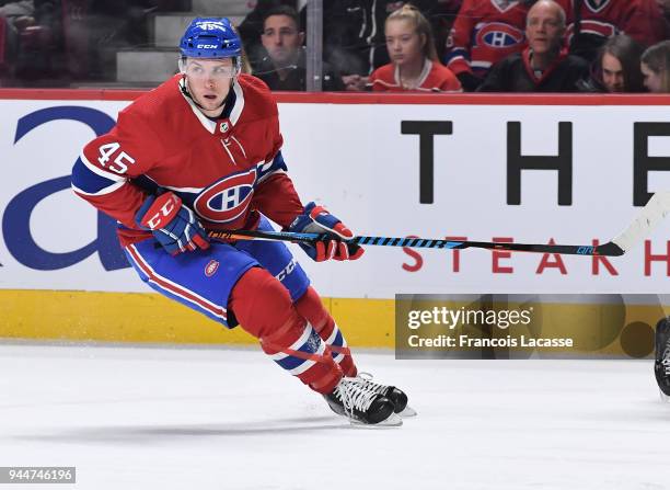 Kerby Rychel of the Montreal Canadiens skates against the New Jersey Devils in the NHL game at the Bell Centre on April 1, 2018 in Montreal, Quebec,...