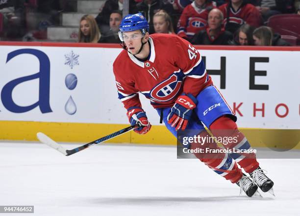 Kerby Rychel of the Montreal Canadiens skates against the New Jersey Devils in the NHL game at the Bell Centre on April 1, 2018 in Montreal, Quebec,...