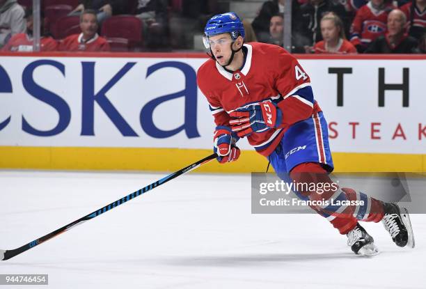 Kerby Rychel of the Montreal Canadiens skates against the New Jersey Devils in the NHL game at the Bell Centre on April 1, 2018 in Montreal, Quebec,...