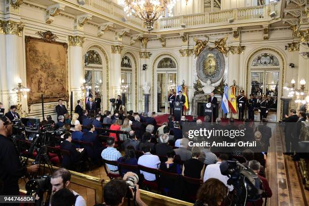 President of Argentina Mauricio Macri and Prime Minister of Spain Mariano Rajoy deliver a speach for the press during the first day of the official...