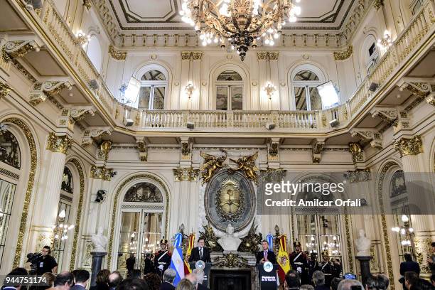 President of Argentina Mauricio Macri and Prime Minister of Spain Mariano Rajoy deliver a speach for the press during the first day of the official...