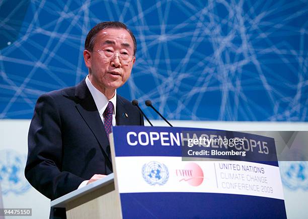 Ban Ki-Moon, secretary-general of the United Nations, speaks during the opening ceremony of the high level segment of the COP15 United Nations...