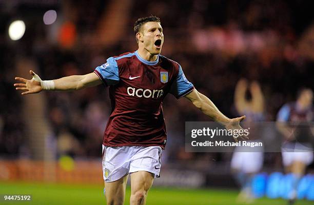 James Milner of Aston Villa celebrates scoring during the Barclays Premier League match between Sunderland and Aston Villa at the Stadium of Light on...