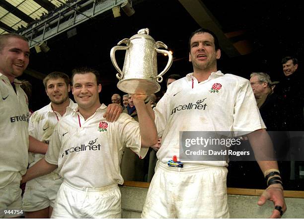 Mark Regan and Martin Johnson of England lift the Calcutta Cup after the Lloyds TSB Six Nations 2001 Championship match against Scotland played at...