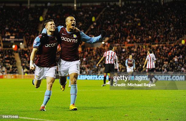 James Milner of Aston Villa celebrates scoring with Gabriel Agbonlahor during the Barclays Premier League match between Sunderland and Aston Villa at...