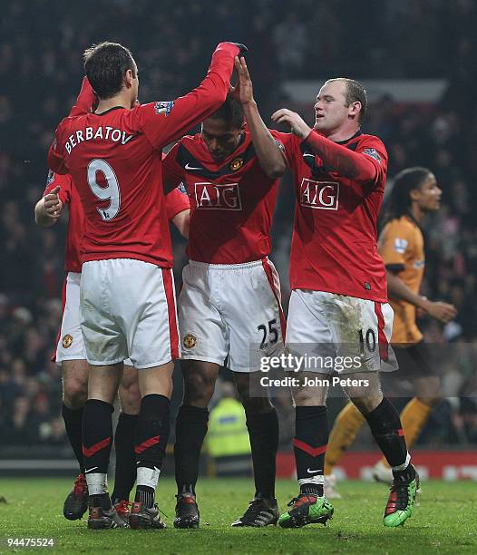 Antonio Valencia of Manchester United celebrates scoring their third goal during the FA Barclays Premier League match between Manchester United and...