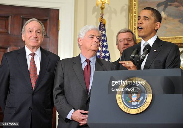 President Barack Obama speaks to the press with Sen. Tom Harkin , Sen. Chris Dodd and Sen. Max Baucus in the Roosevelt Room in the Eisenhower...