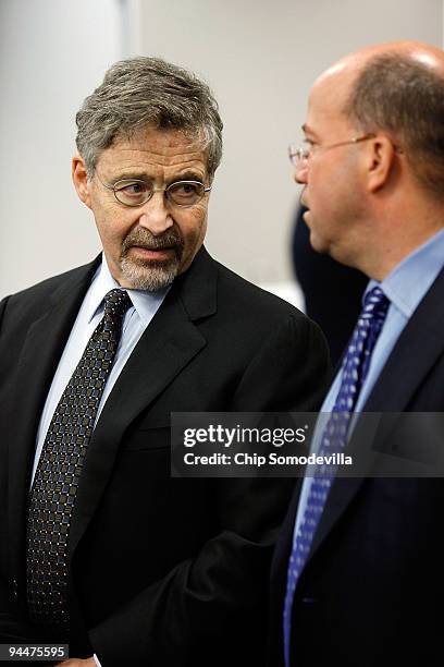 Warner Bros. Entertainment Chairman and CEO Barry Meyer and NBC Universal CEO Jeffrey Zucker talk before a roundtable discussion with Vice President...