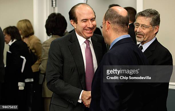 Viacom Chairman and CEO Philippe Dauman greets Warner Bros. Entertainment Chairman and CEO Barry Meyer and NBC Universal CEO Jeffrey Zucker before a...