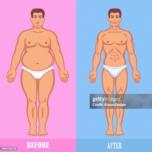 mann vor und nach der gewichtsabnahme - anatomical model stock-grafiken, -clipart, -cartoons und -symbole