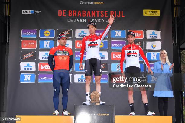 Podium / Sonny Colbrelli of Italy and Team Bahrain-Merida / Tim Wellens of Belgium and Team Lotto Soudal / Tiesj Benoot of Belgium and Team Lotto...